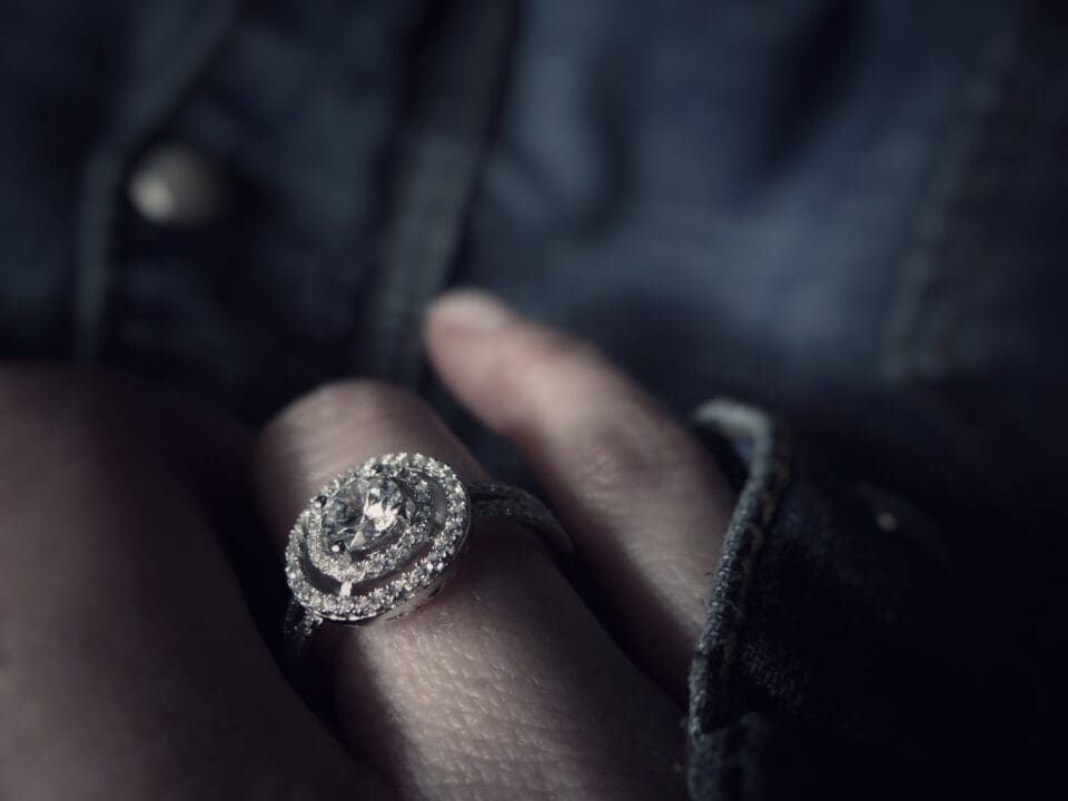 Close up woman wearing diamond ring