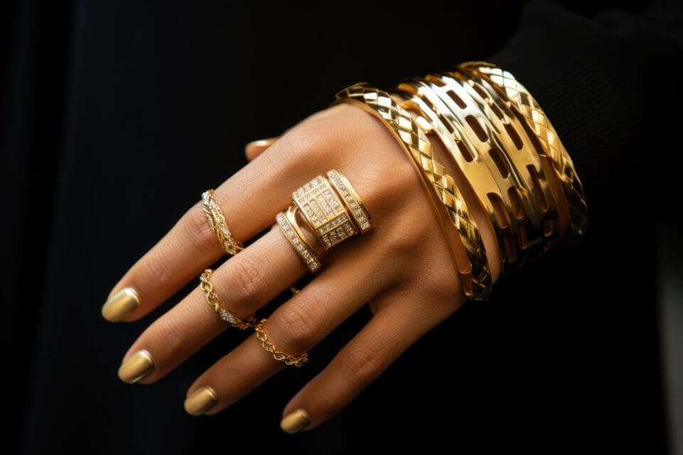 Gold jewelry adorned with baguette stone on a manicured hand